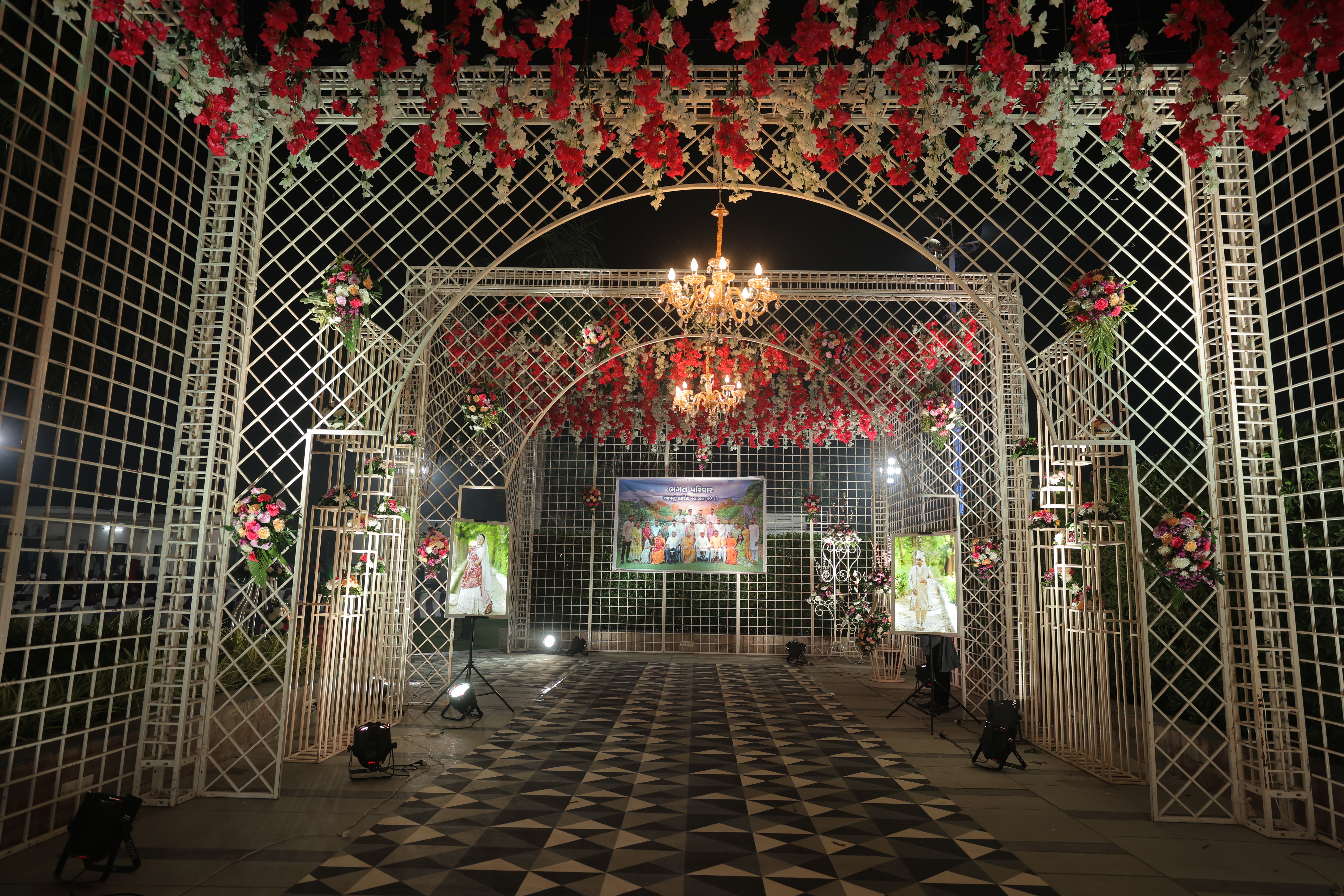 Grand entrance gate decoration at Upvan Party Plot