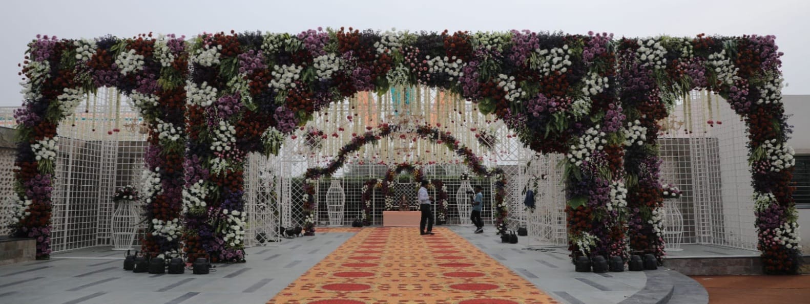 Grand entrance gate decoration at Upvan Party Plot