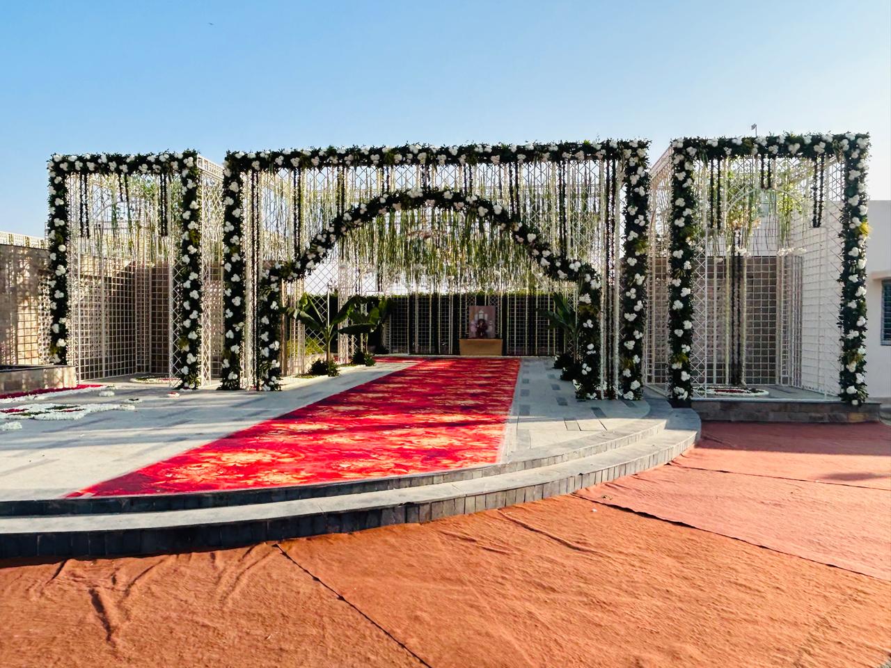 Grand entrance gate decoration at Upvan Party Plot