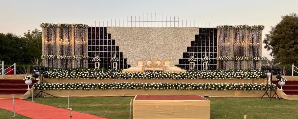 Beautiful stage decoration at Upvan Party Plot